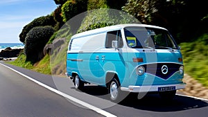 Blue and white travel caravan driving on a road along the sea coast with sunset