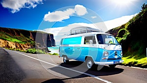 Blue and white travel caravan driving on a road along the sea coast with sunset. In travel and tourism concept