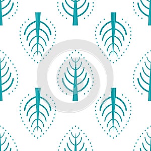 Blue white trees folk art seamless vector pattern background. Modern Scandinavian forest motif backdrop. Hand drawn