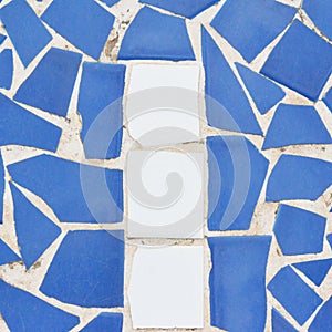 Blue and white trencadis.Broken tiles background. Catalan mosaic.