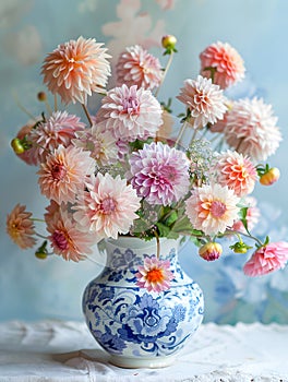 A blue and white vase filled with pink and orange flowers