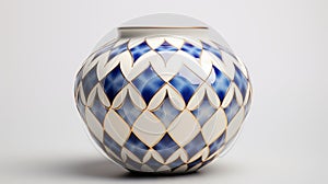 Blue And White Vase With Geometric Symmetry And Leaf Patterns