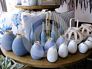 Blue and White Vases and Cushions, Display in Homewares Shop photo