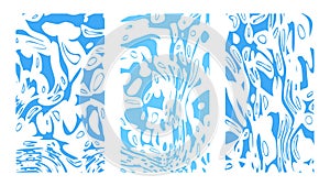 Blue on white vector backdrops. Cartoonish sea surface abstract background set. Vertical rippled water surface with curvature illu