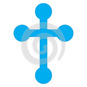 Blue and white vector graphic of a map symbol for an abbey or Cathedral. It consists of a blue silhouette of a cross on a white