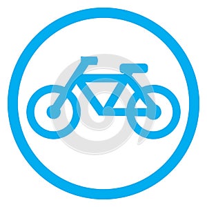 Blue and white vector graphic of a map symbol for bicycle hire. It consists of a blue silhouette of a bicycle in a blue circle