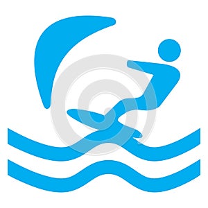 Blue and white vector graphic of a map symbol for board based water activities. It consists of a blue silhouette of a windsurfer