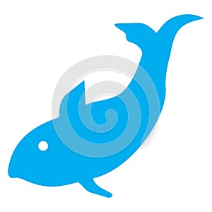 Blue and white vector graphic of a map symbol for a fishing location. It consists of a blue silhouette of a stylised fish on a