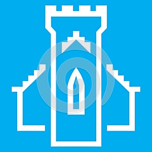 Blue and white vector graphic of a map symbol for a historic site in Scotland. It consists of a church and a castle merged