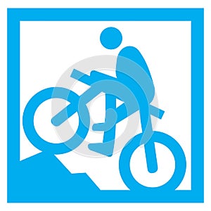 Blue and white vector graphic of a map symbol for mountain bike trail. It consists of a blue silhouette of a mountain biker