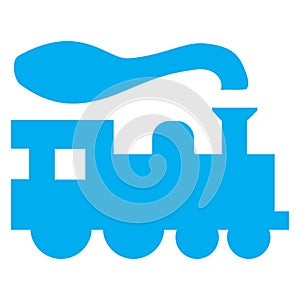 Blue and white vector graphic of a map symbol for preserved railway. It consists of a blue silhouette of a steam train with smoke