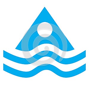 Blue and white vector graphic of a map symbol for water sports centre. It consists of a blue silhouette of a triangle floating