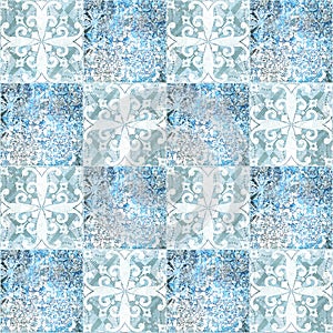 Blue white vintage worn retro geometric motif cement square mosaic tiles wallpaper with flower leaves print texture background