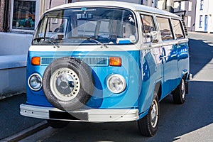 Blue and white Volkswagen Camper van