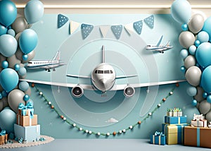 A blue and white wall with a plane and balloons and a banner that says 