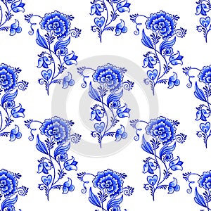 Blue and white watercolor seamless floral pattern. Chinoiserie style.