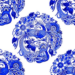 Blue and white watercolor seamless pattern. Exotic bird and flowers design.