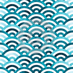 Blue and white watercolor seamless waves, linear design. Traditional japanese pattern. Seigaiha vector illustration.