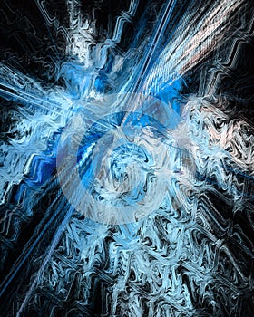 Blue and white waves and rays emanate from a source against a black background. Abstract fractal background. 3d