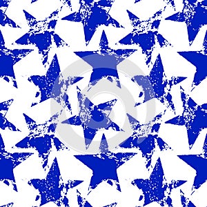 Blue and white worn grunge stars seamless pattern, vector