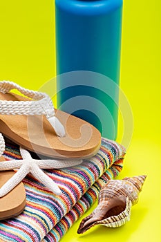 Blue Wide Mouth Insulated Stainless Steel Bottle, Women`s Causal Flip Flops, Beach Towel, Starfish and Seashell on yellow