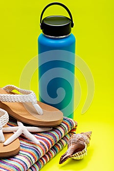 Blue Wide Mouth Insulated Stainless Steel Bottle, Women`s Causal Flip Flops, Beach Towel, Starfish and Seashell on yellow