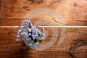 Blue wildflowers in a glass cup on a wooden background. Forget me nots.