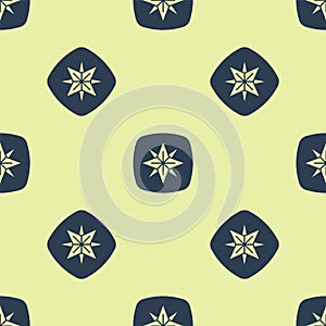 Blue Wind rose icon isolated seamless pattern on yellow background. Compass icon for travel. Navigation design. Vector