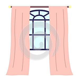 Blue window frame with pink curtains. Vintage window, interior item. Flat vector illustration