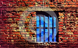 Blue Window in red bricks wall