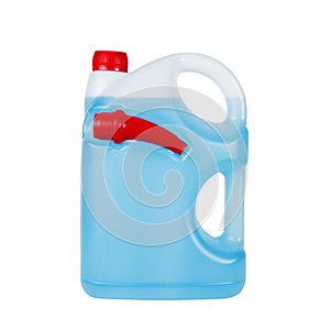 Blue windshield washer fluid in canister isolated on white background. Antifreeze for car screen wash