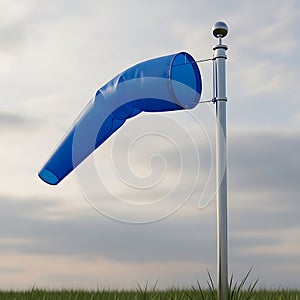 Blue windsock on a pole indicating wind direction
