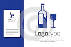 Blue Wine bottle with glass icon isolated on white background. Logo design template element. Vector