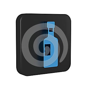 Blue Wine bottle icon isolated on transparent background. Black square button.