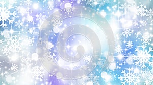 Blue winter background, bokeh, white snowflakes, circles, glitter, stars, glow, snow, blurred, Christmas, bright