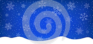 Blue winter background with snowflakes. Abstract blue illustration with borders, white snow for christmas holiday. Xmas card with