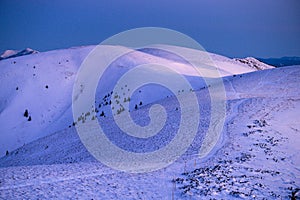 Blue winter Carpathian mountains ridge, early morning light