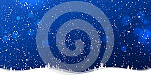 Blue winter Christmas background with landscape, snowflakes, light, stars.