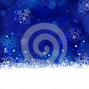 Blue winter, Christmas background with snowflakes, stars and shiny lights