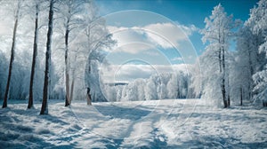 Blue winter forest landscape with trees, snow on a sunny day