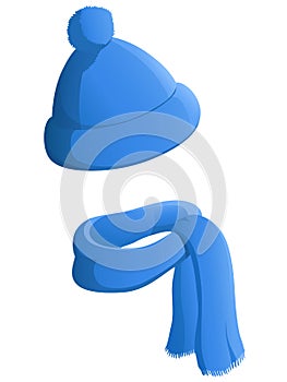 Blue winter hat with scarf isolated on white background