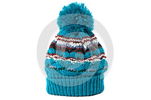 Blue winter knit ski hat isolated white