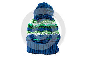 Blue winter knit ski hat isolated white background one
