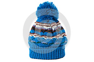 Blue winter knit ski hat isolated white one single