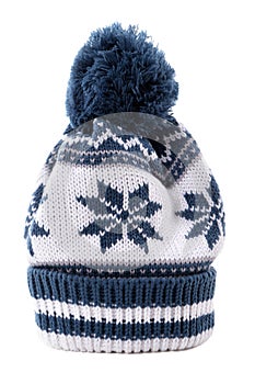 Blue winter knitted ski hat isolated on white background vertical
