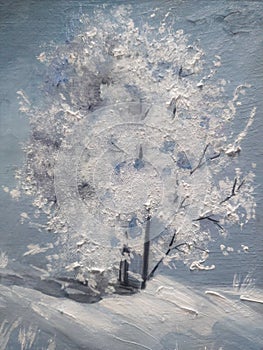 blue winter snow trees landscape painting details