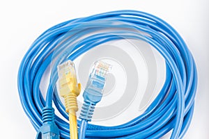 Blue Wired LAN Cable On White