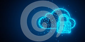 Blue wireframe cloud and padlock objects shapes over blue gradient background, network or internet security or safety concept