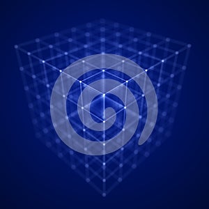 Blue wireframe cube whith connection dots and lines. Digital blockchain concept and data transfer system. 3d rendering