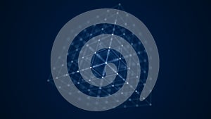 Blue wireframe cube whith connection dots and lines. Digital blockchain concept and data transfer system. 3d rendering